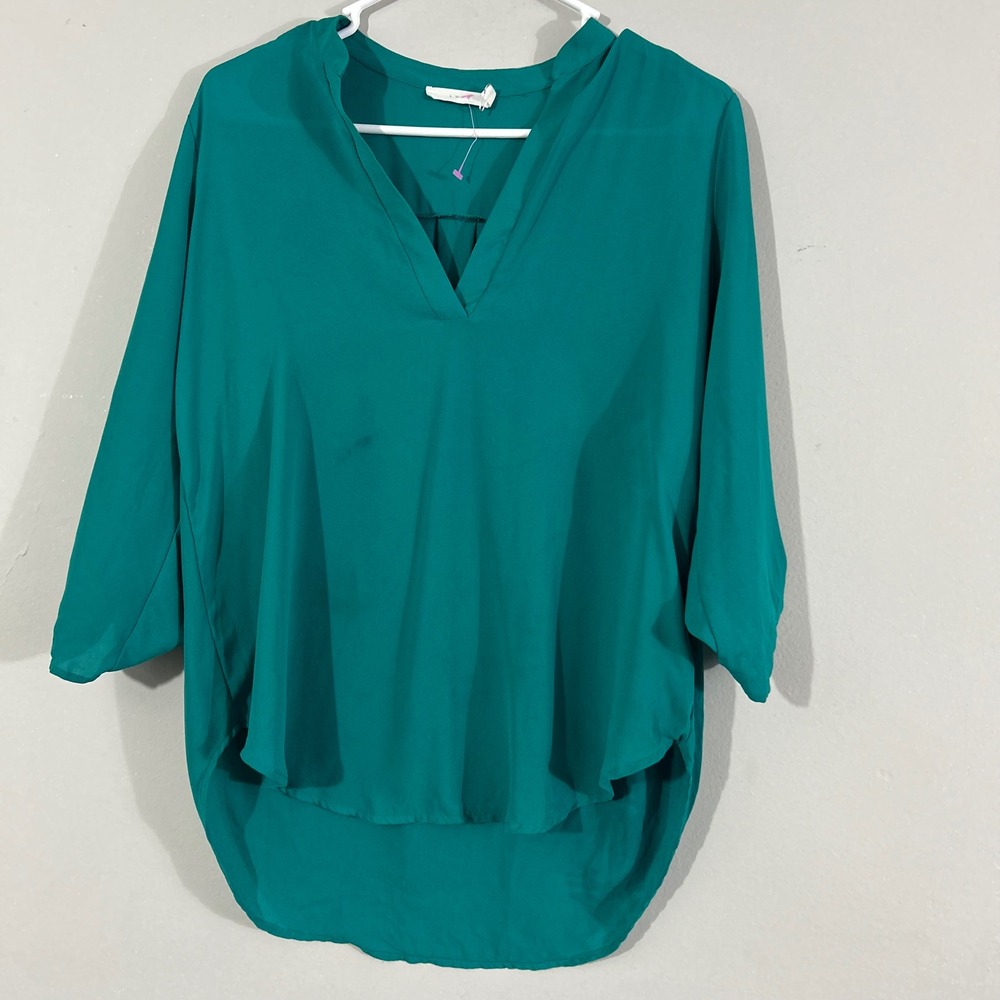 Lush Teal Green V Neck Dolman Sleeve High‎ Low Tunic Top Women's Small